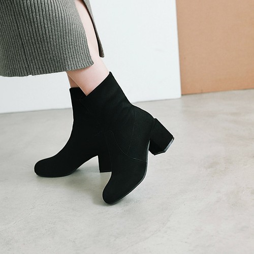 Women's Mid Block Heel Shoes Black/Blue/Brown Suede Fabric Round Toe Ankle Boots - Picture 18 of 31