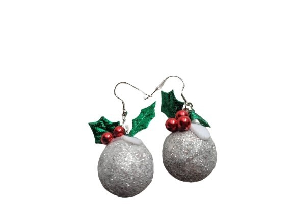 NEW Silver Christmas Pudding Glitter Drop Earrings Costume Jewellery Festive