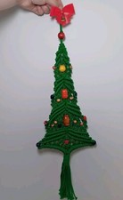 Vintage Handcrafted Macrame Christmas Tree Wall Hanging Green Wood Beads MCM 20"