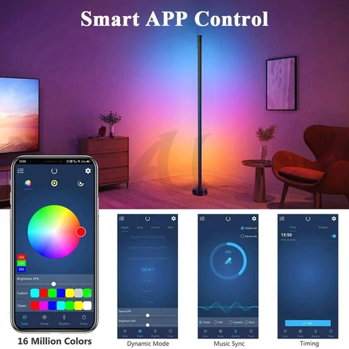 Floor RGB LED Lamp Corner Light Standing Mood Remote Colour Music Sync Lamp 47"