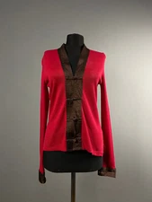 Shanghai Tang Women Red Brown Silk Cotton Frog Closure Cardigan Sweater Jumper S