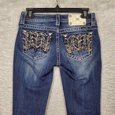 Miss Me Jeans 26 Skinny Low Rise Blue Denim Stitch Work 28x32
