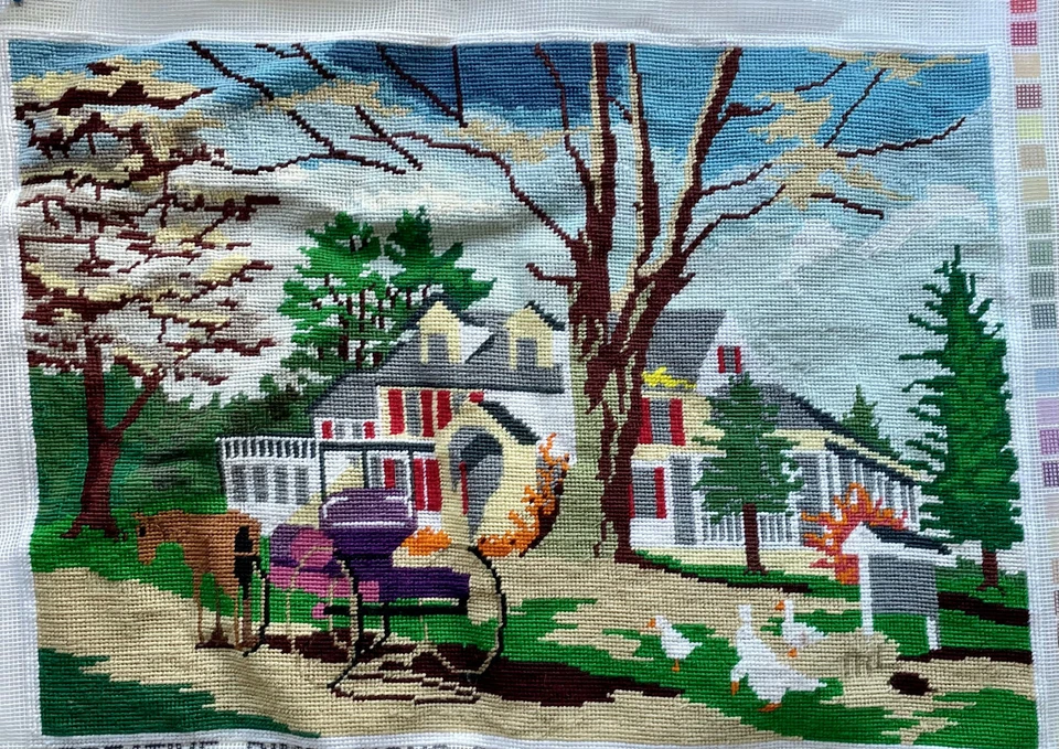 Vtg Finished Needlepoint Canvas House Horse Buggy Creative Dimensions 2112 1979 - Image 2 of 4