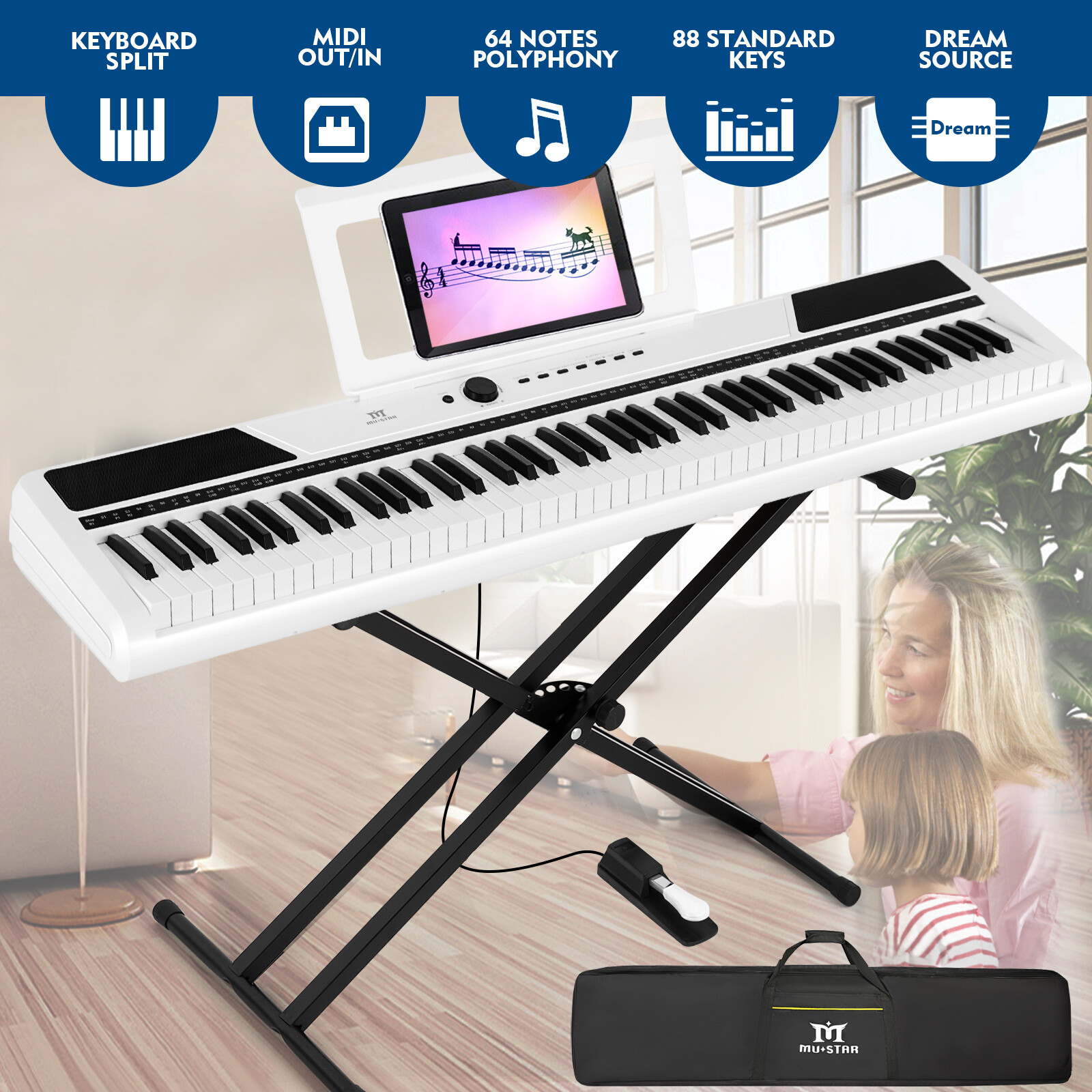 MUSTAR 88-Key Full Size Semi-Weighted White Digital Piano Keyboard w/Stand,Pedal