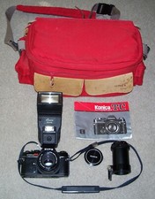 Konica Autoreflex TC Camera, Hexanon AR 50mm Lens, Flash, Ext. Tube, Bag, Manual