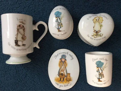 Lot of 5 Vintage Porcelain Holly Hobbie Trinket Boxes Cups Etc