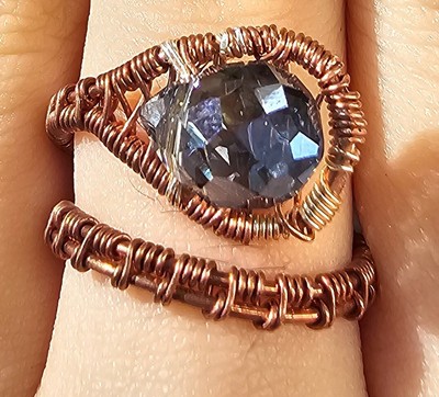 Adjustable wire wrapped copper boho teardrop beaded ring