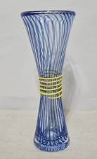 Modern Abstract Striped Hand-Blown Glass Vase, Blue Stripes with Yellow Accents