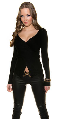 Sexy Shirt Sweater Wickel Look Pullover Pulli Strick Feinstrick Schwarz 34 36 38