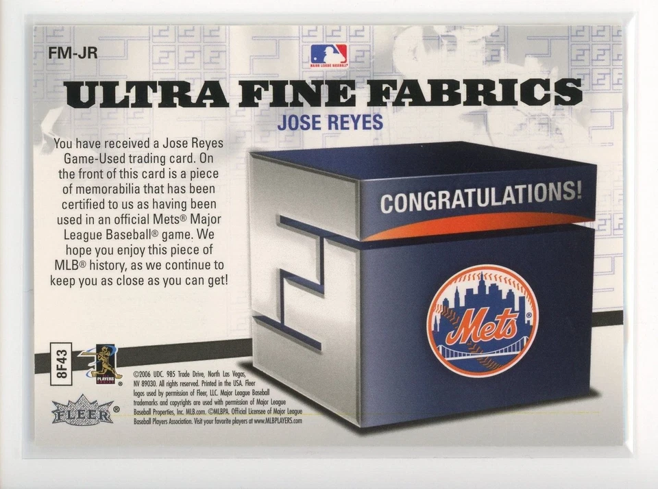 2006 Ultra Fine Fabrics #JR Jose Reyes Mets - Image 2 of 2