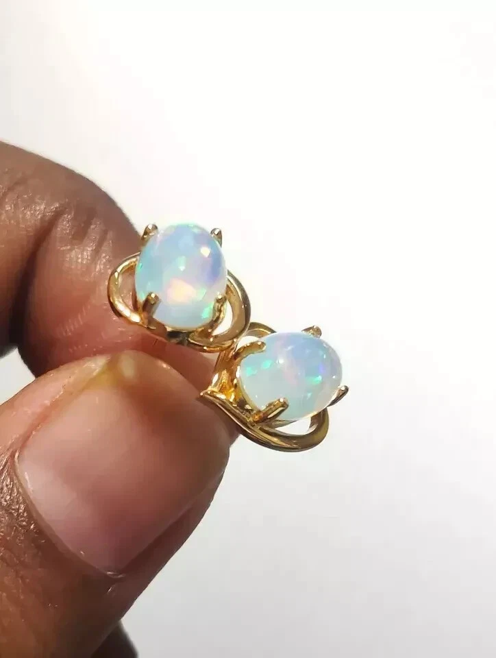 2Ct Oval Cut Lab Created Fire Opal Women's Stud Earrings 14K Yellow Gold Plated - Image 2 of 4