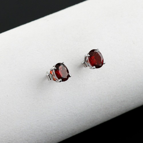 2Ct Oval Cut Lab Created Red Garnet Solitaire Stud Earring 14K White Gold Over - Picture 2 of 4