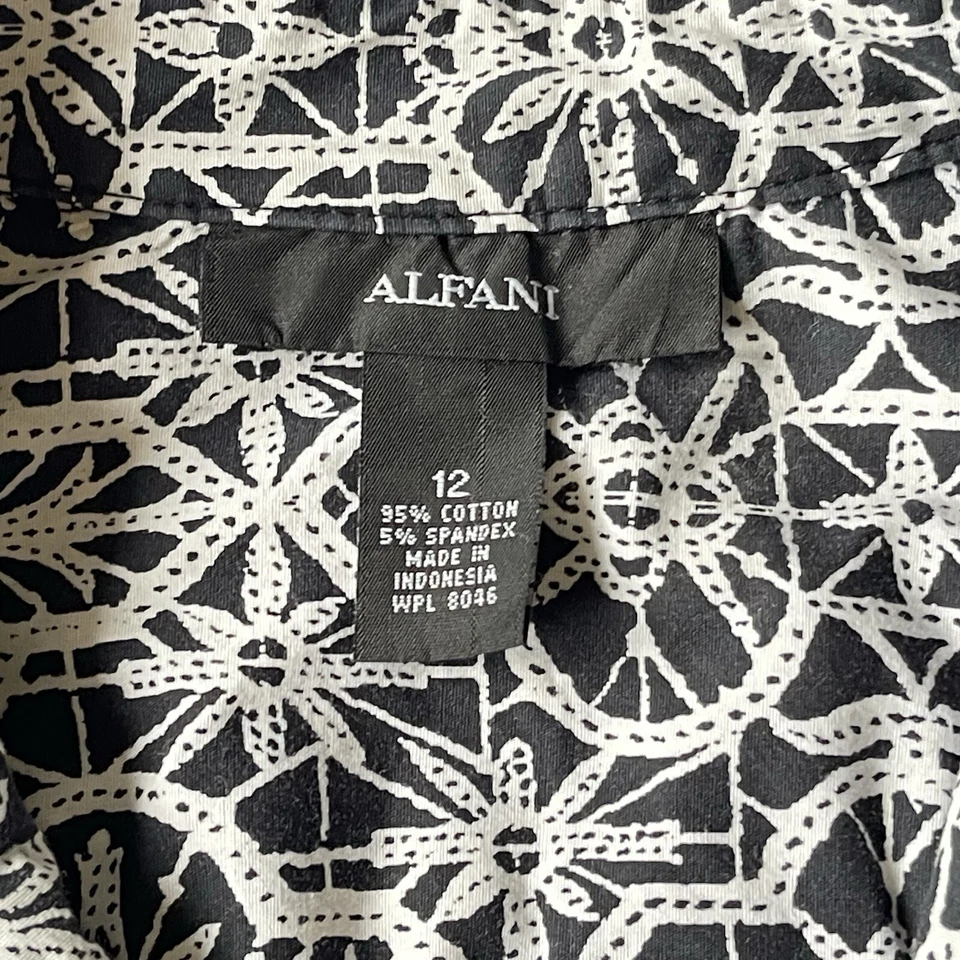 Alfani Blouse 12 Black & White Geometric Print Long Sleeve Button-Up V Neck - Image 2 of 4