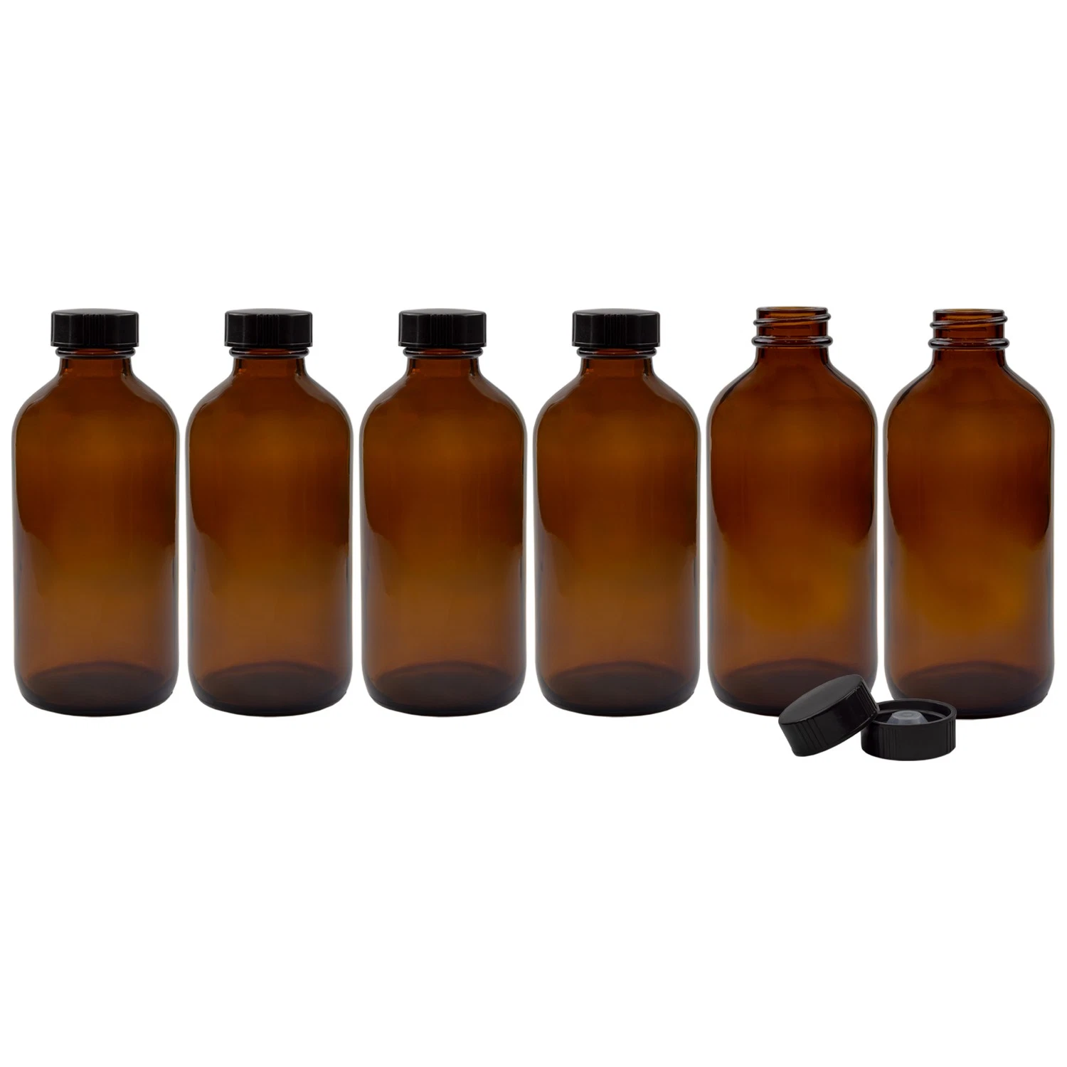 8oz Amber Glass Bottles w/Polycone Phenolic Caps 6Pk Boston Round Bottles