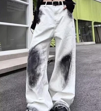 Men's White Straight Leg Denim Jeans Black Printed Cotton Pants Punk Hip Hop New