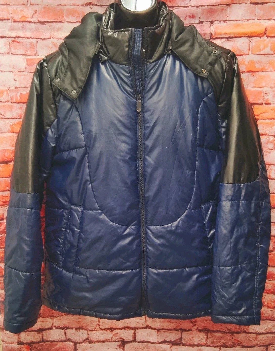 True Religion Puffer Jacket Men's Large Blue Shiny Detachable Hooded Full Zip