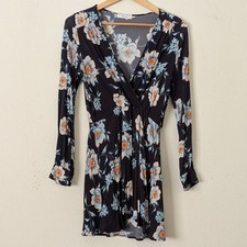 Flynn Skye Navy Floral Mini Dress Size Med Long Sleeve Faux Wrap Rayon