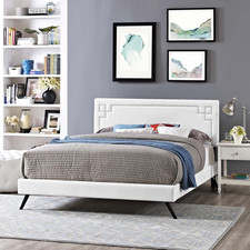 Ruthie Faux Leather Upholstered Queen Platform Bed Frame in White with Splayed L