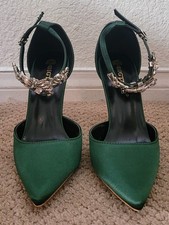 AUTH BIG TREE SATIN RHINESTONES ANKLE STRAP 4" HEEL FORMAL SHOES NWOT 37 GREEN