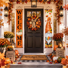 2 Pcs Fall Porch Banners Door Decor Pumpkin Harvest Autumn Welcome