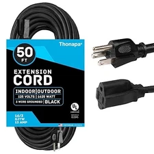 Thonapa 50 Ft Black Extension Cord Electrical Cable with 3 Prong Grounded Plug