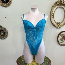 Vintage Teal Blue Floral Lace Bodysuit Teddy Y2K Made in USA Medium