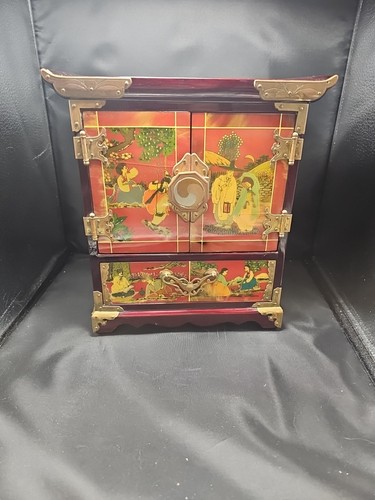 Vtg Korean Lacquer Jewelry Box Cabinet w/ Drawers Hand-Painted Oriental 12"