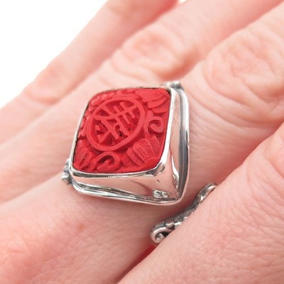 Sajen 925 Sterling Vintage Cinnabar Chinese Longevity Adjustable