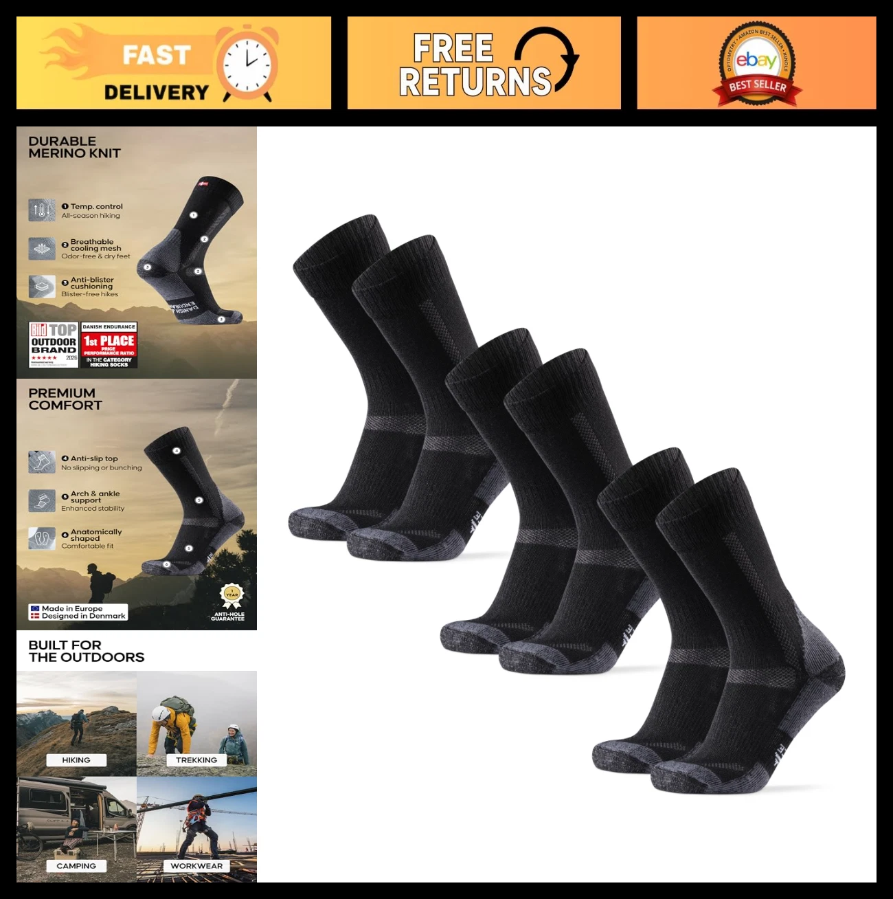 Merino Wool Hiking Crew Socks for Men & Women - Cushioned, Anti-Blister, Breatha