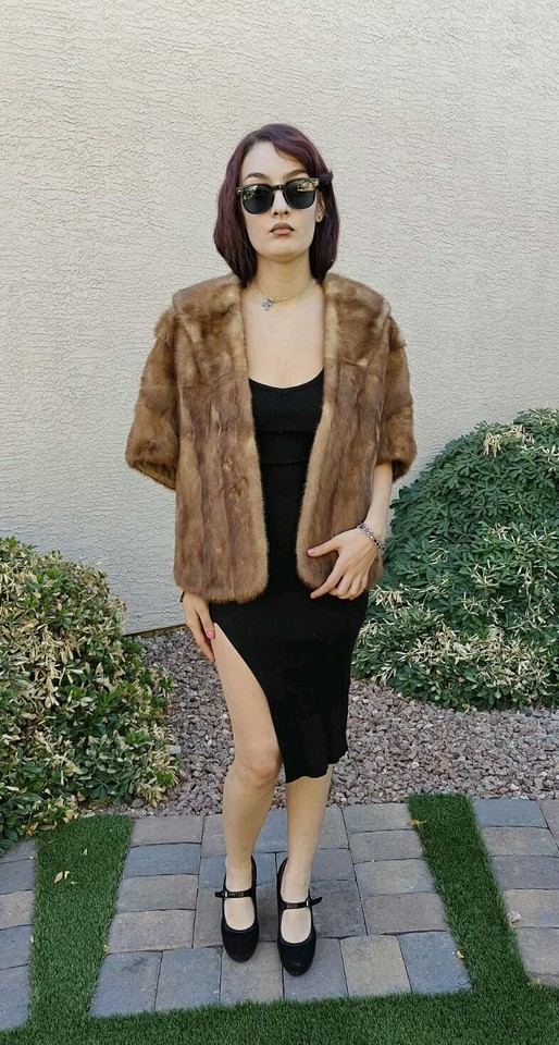 GENUINE NATURAL PASTEL BROWN MINK REAL FUR STOLE COAT WOMEN'S WRAP FULL