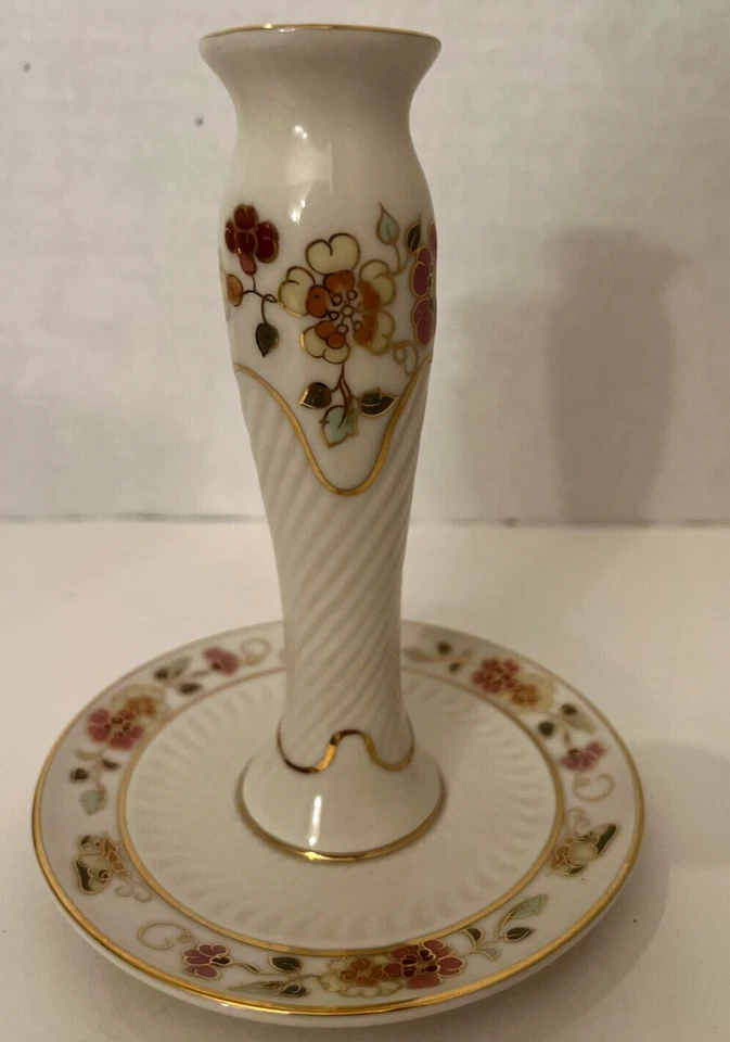 Vtg Zsolnay Handpainted Porcelain Ivory Floral Gold Rim Candle Holder Bud Vase - Image 3 of 4