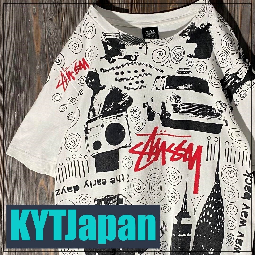 STUSSY 00s All Over Print Cotton Short Sleeve Tee Dead Stock Black 