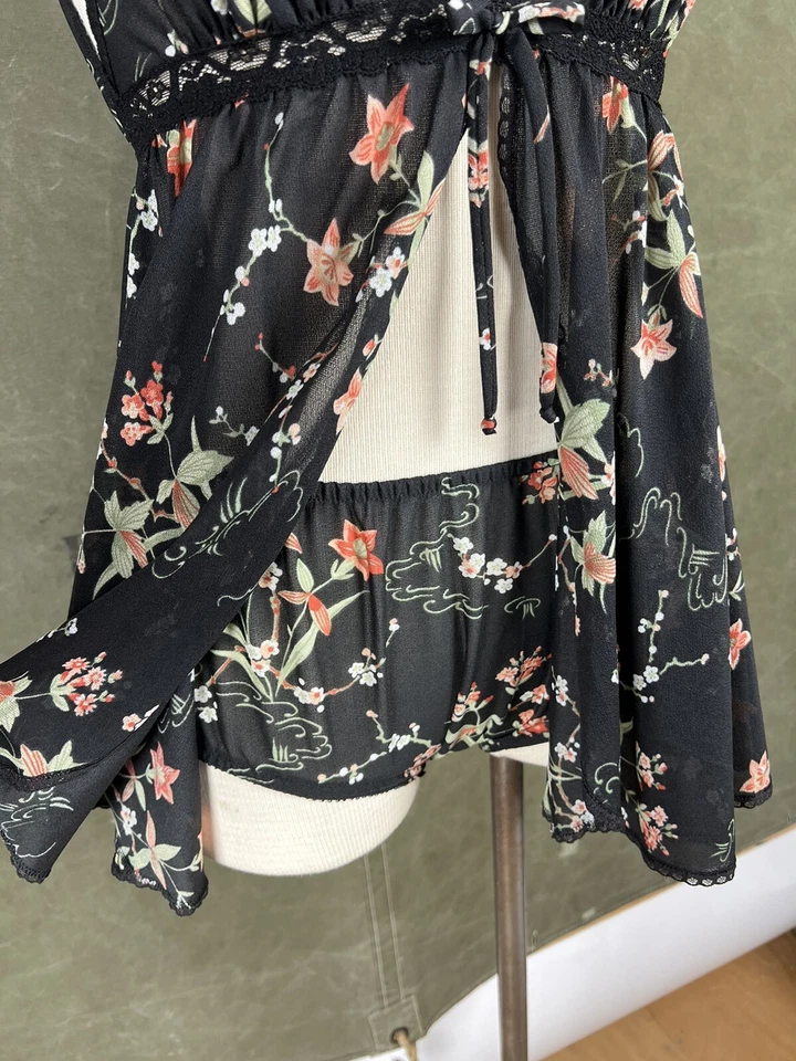 Lencería Vintage Dos Piezas Miss Elaine Negro Estampado Floral Babydoll Bragas Años 70  Foto 4 de 4