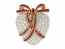 Pavé Set White CZ Heart With A Calibré Cut Ruby Ribbon Overlay and Bow Brooch