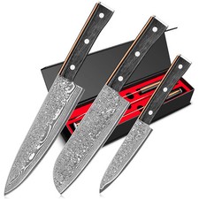 3Stück Messerset aus 67 Lagen Damaststahl mit Chefmesser Santokumesser Holzgriff