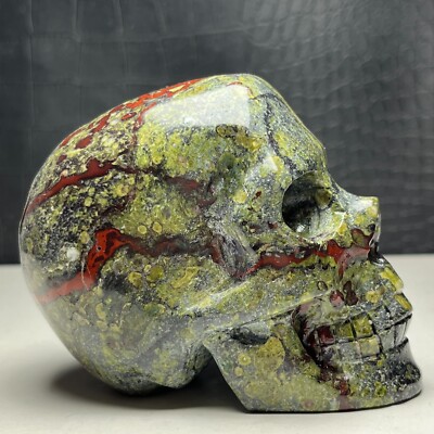 608G Natural Crystal Specimen. Dragonblood Stone. Hand-carved Skull.GIFT.FM