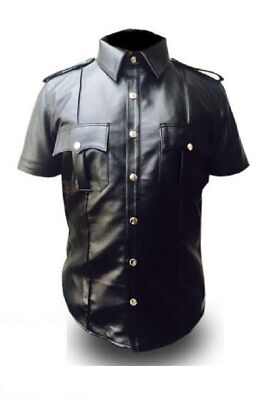 Herren Kunstleder Qualität Schwarz Hemd Polizei Uniform Stil Kurzarm Hemd