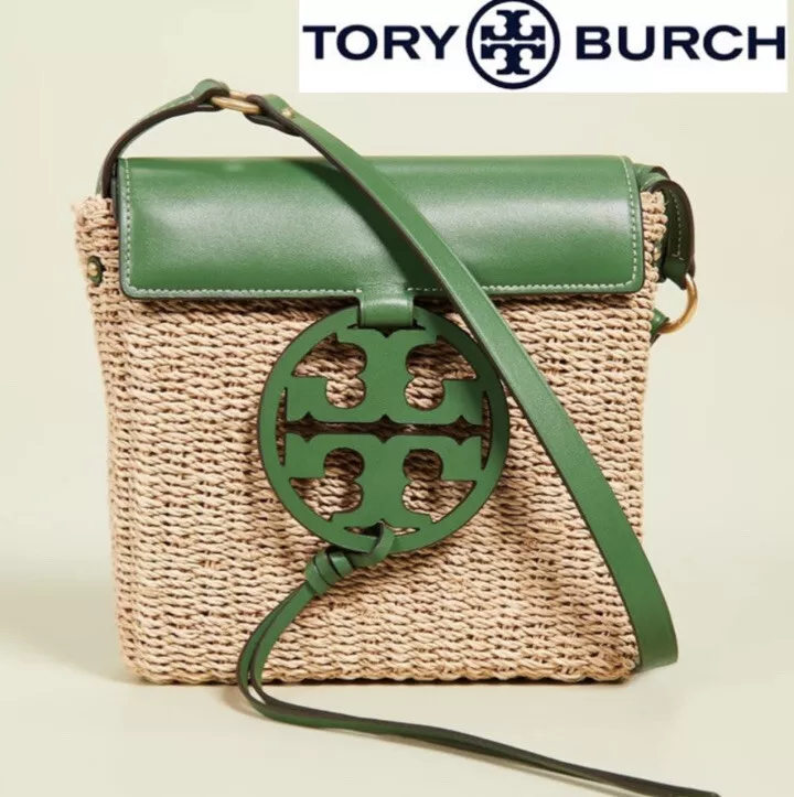 NWT Rare Tory Burch Miller Straw Leather Crossbody Bag In Green