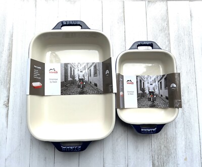 2 STAUB Gratin Dishes Rectangular Stoneware DARK BLUE  1.25 & 0.5 Qt NEW 1st Q