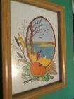 Autumn Finished Cross Stitch Oval Picture-5.5x7.5 In Framed In Wood Under Glass