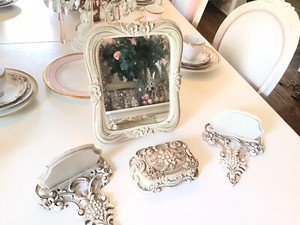 Vanity Set Syroco Set Mirror Pair Shelves Trinket Box Flowers Roses Vtg