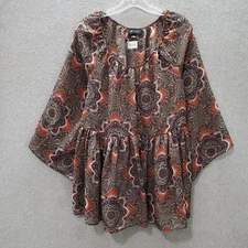 AB Studio Women Top XL Brown Floral Paisley Geometric Blouse Boho Flared Sleeve