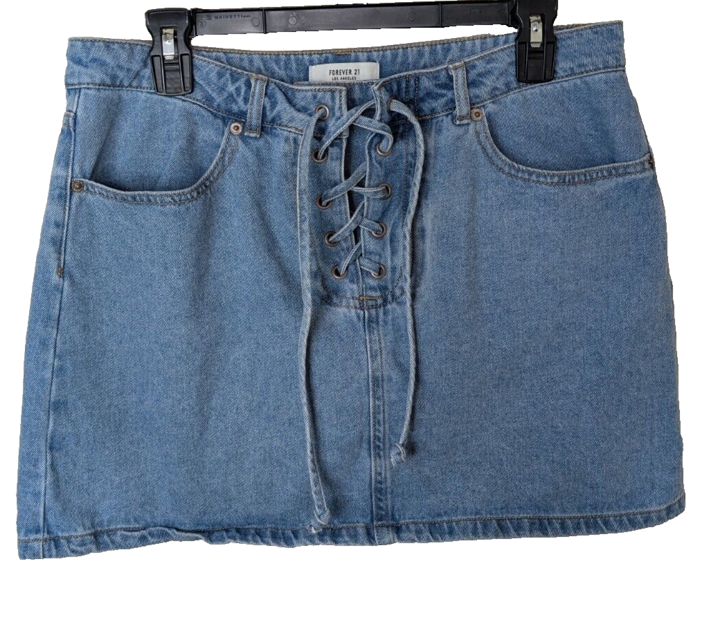 Forever 21 Women Mini Denim Skirt Y2K Light Wash Blue Lace Up