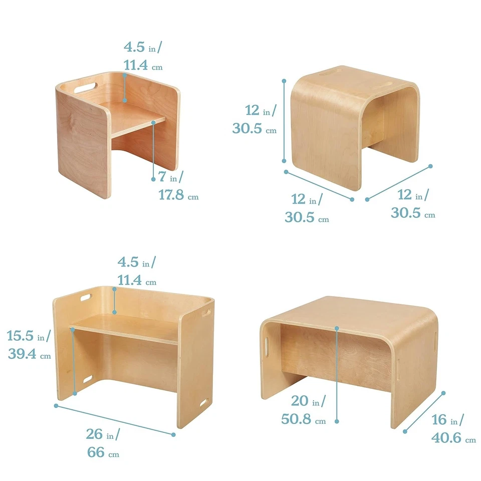Juego de mesa y silla multiusos de madera curvada, muebles para niños, natural, 3 piezas Foto 4 de 4