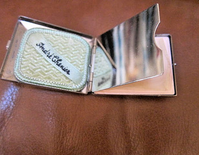 Vintage Silvertone Metal Makeup Powder Compact  Andre Chenier w/Unused Power