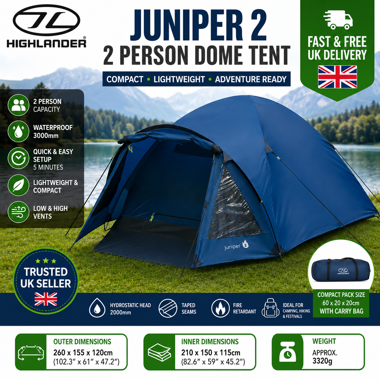Highlander Juniper 2 Person Dome Tent Camping Hiking Waterproof Blue