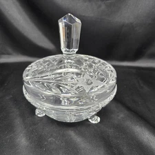 Vintage Crystal Cut Glass Round 3 Leg 8"H x 5.5”W Covered Candy Dish Mint