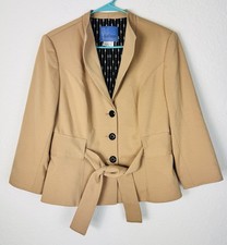 Kay Unger Camel Blazer Size 12 Button Up Waist Tie Work Lined Quiet Luxury