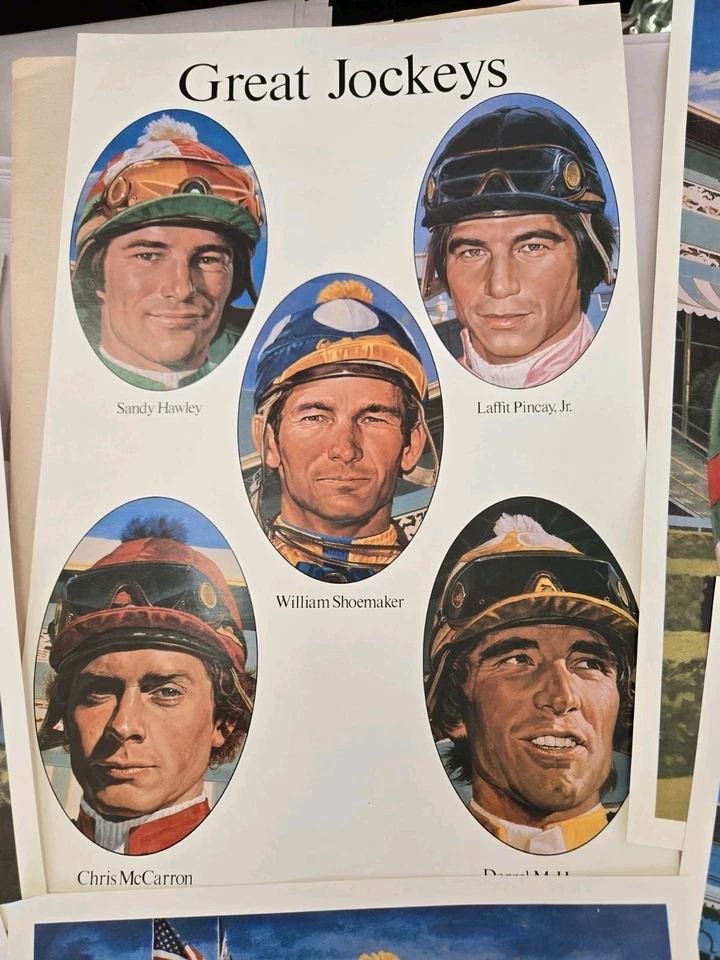 Santa Anita 1982 Juego de 5 Grandes Jinetes Impresiones Carreras de Caballos 9.5" X 14.5" y Carpeta Foto 2 de 4
