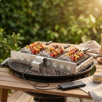 Usb Drehspieß Grillaufsatz Silberfarben Automatischer Grillrost mit Spießen